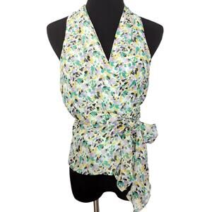 Nicole Miller 100% Silk Wrap Blouse V Neck Sleeveless Mint Floral Womens M